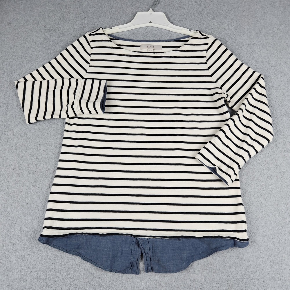 Loft Ann Taylor Top Women Medium White Navy Striped Classic Layered Chambray Hem